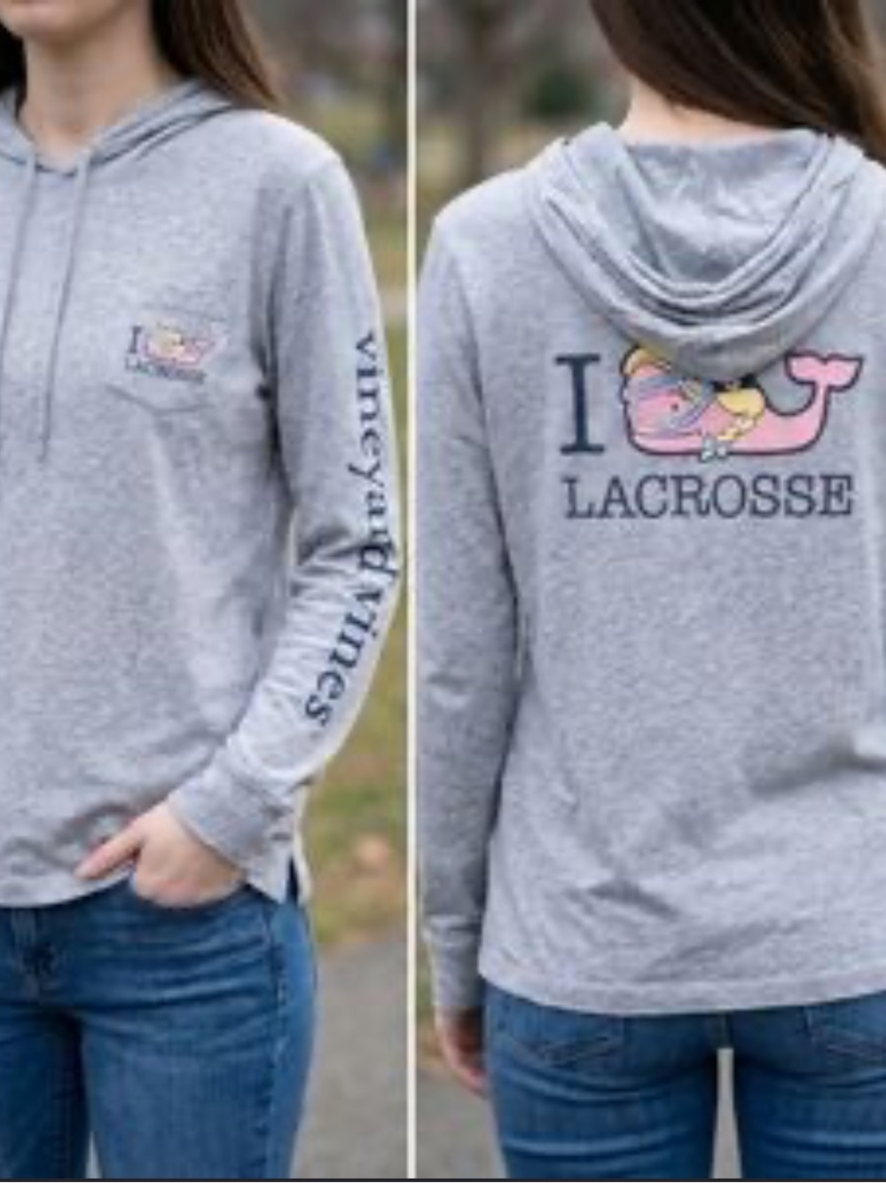 Vineyard Vines Light Gray Hoodie with Pink Whale Lacrosse Graphic